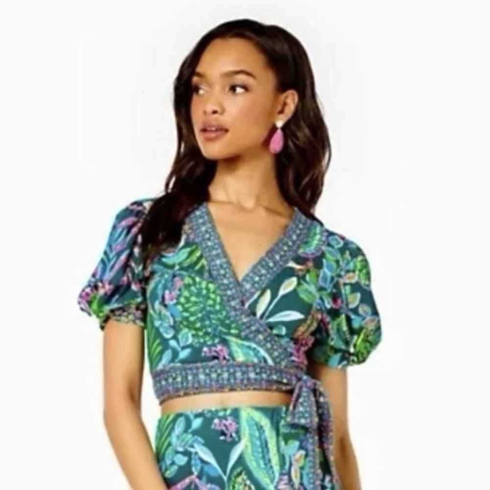 Lilly Pulitzer Sailynn Crop Top Wrap Sunshine Jungle Green Medium Tropical Shirt